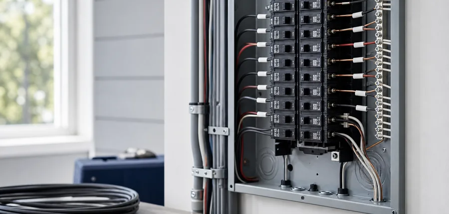 Electrical panel detail, conduit, and tester