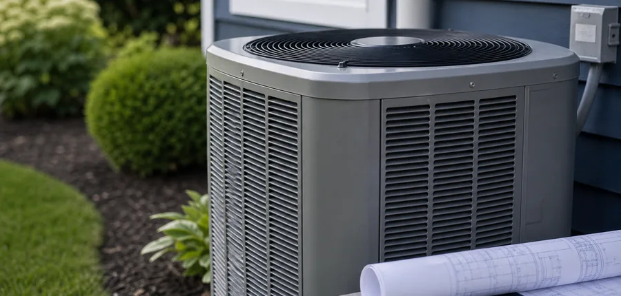 HVAC condenser, gauges, and blueprints