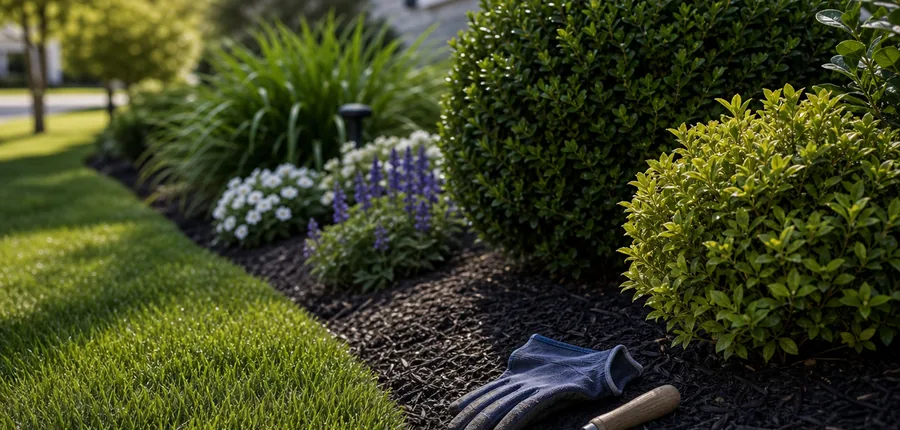 Trimmed lawn edge, planting tools, and greenery