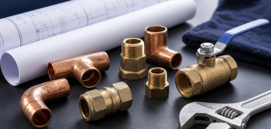 Clean plumbing fittings, valve, wrench, and plans