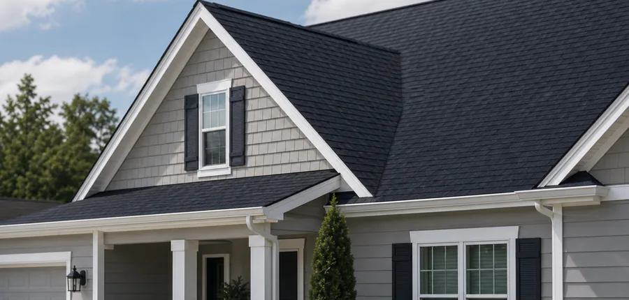 Roof shingles, roofline, and measuring tools