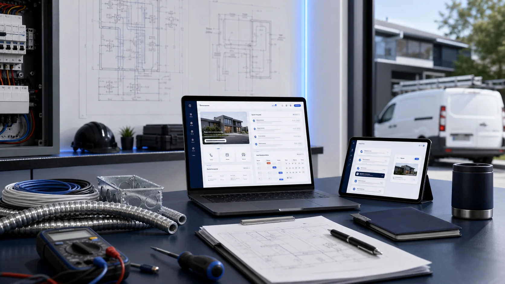 Premium electrical contractor website system with service dashboard, panel planning, tools, and service van
