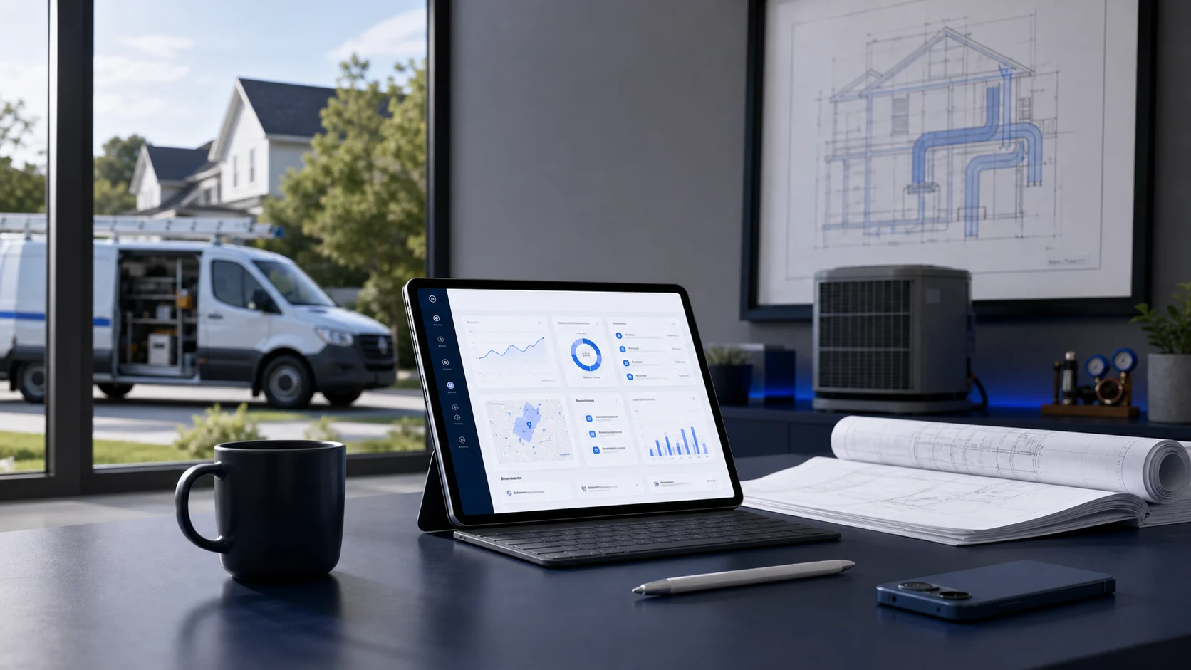 Premium HVAC contractor website system with service dashboard, van, and residential HVAC planning details