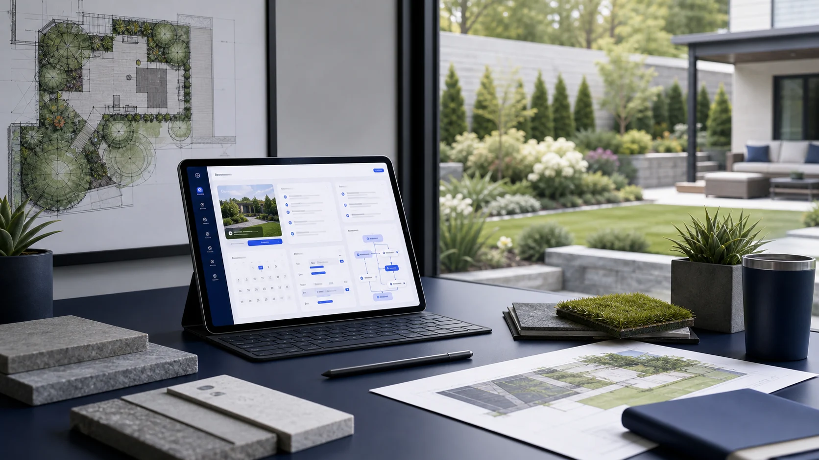 Premium landscaping company website system with project dashboard, landscape plan, material samples, and outdoor work