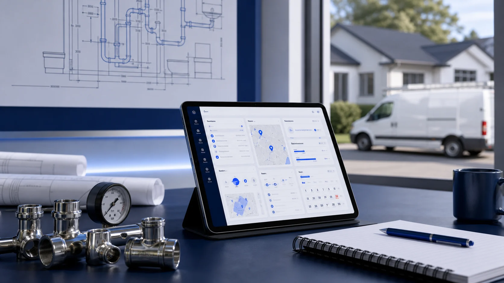 Premium plumbing contractor website system with quote dashboard, service van, pipe plans, and plumbing components