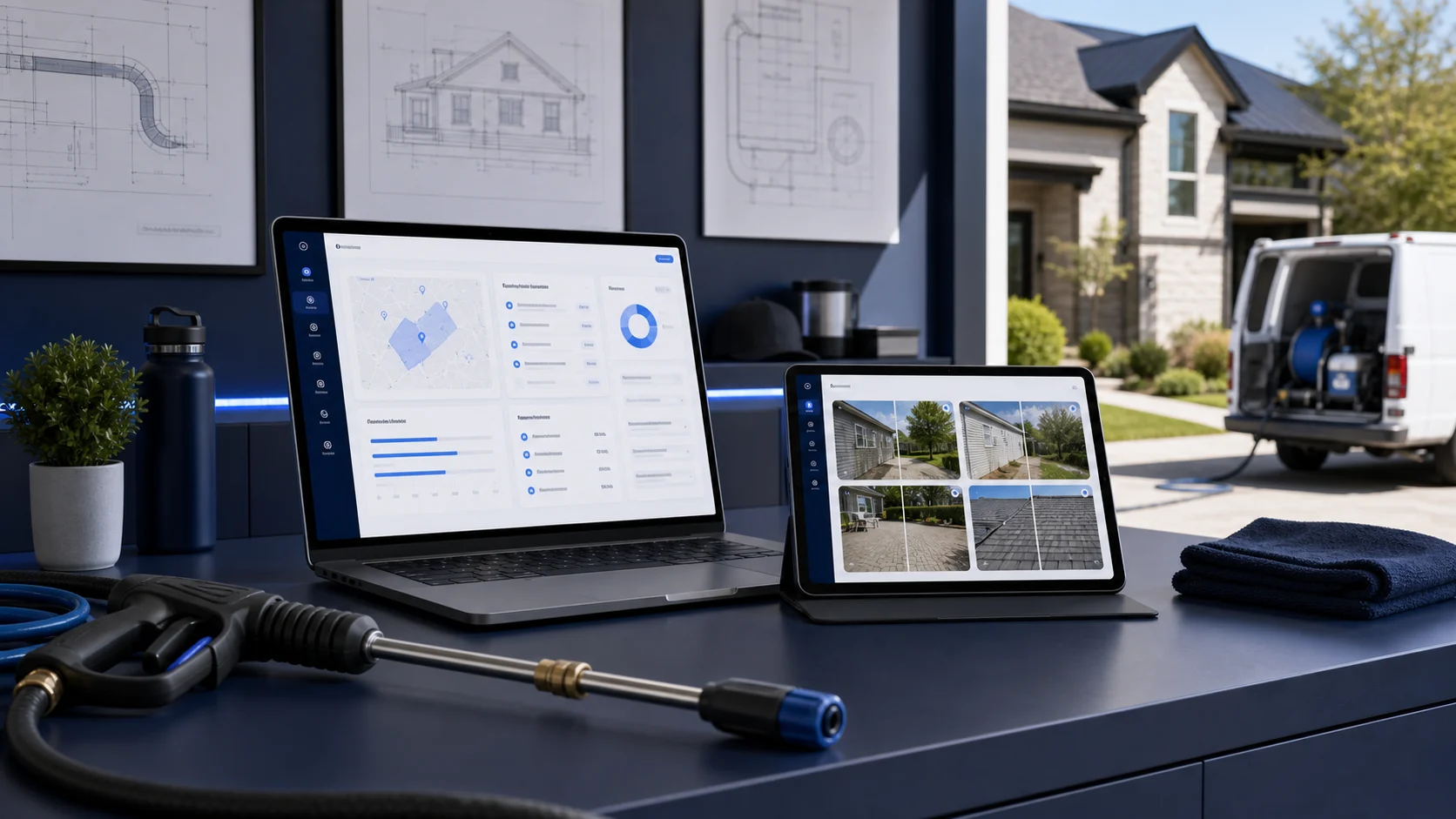 Premium pressure washing website system with exterior cleaning dashboard, before and after visuals, equipment, and service van
