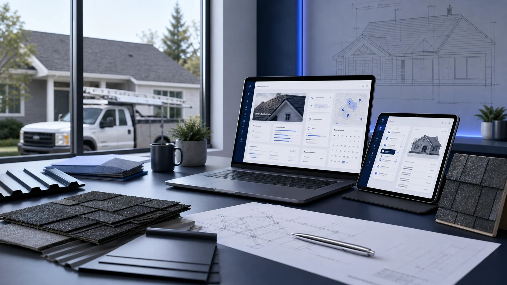 Premium roofing contractor website system with estimate dashboard, roof materials, plans, and service truck